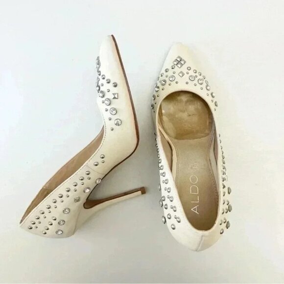 Aldo Cream Leather Pumps Pointed Toe High Heel Rhinestone Studded Stiletto 7.5 - Picture 13 of 16
